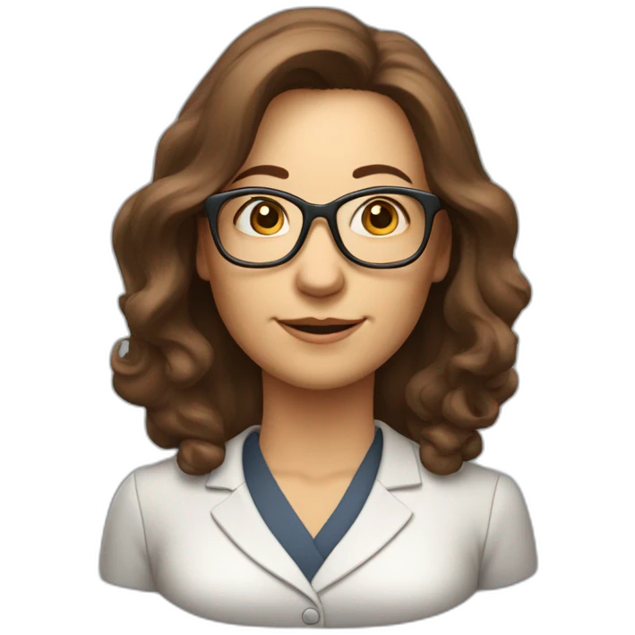 middle-aged accounting woman with brown longhair, a bang, glasses and a loop emoji