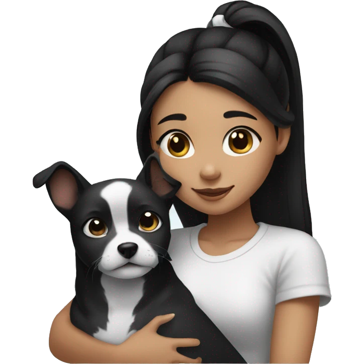 black hair girl cuddling a black and white dog with a high ponytail emoji