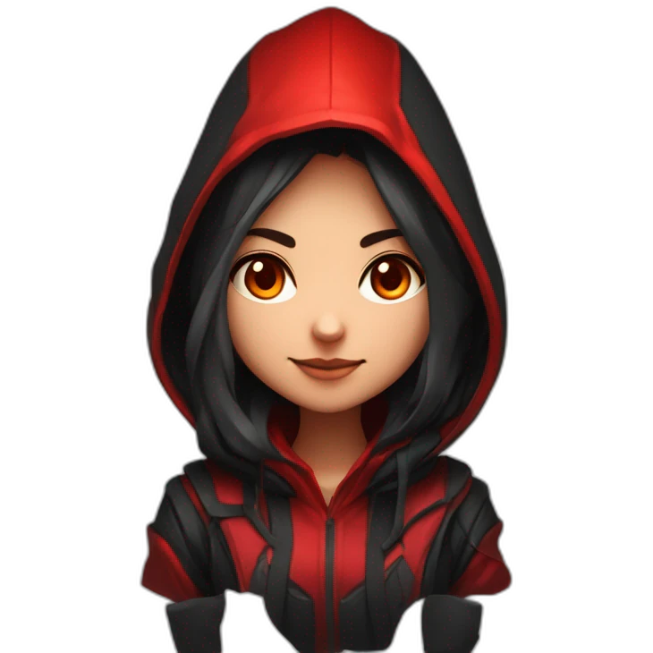 Girl developer behind his laptop with this style : Riot Games Valorant black red glowing bright red character red black hooded assassin themed character emoji
