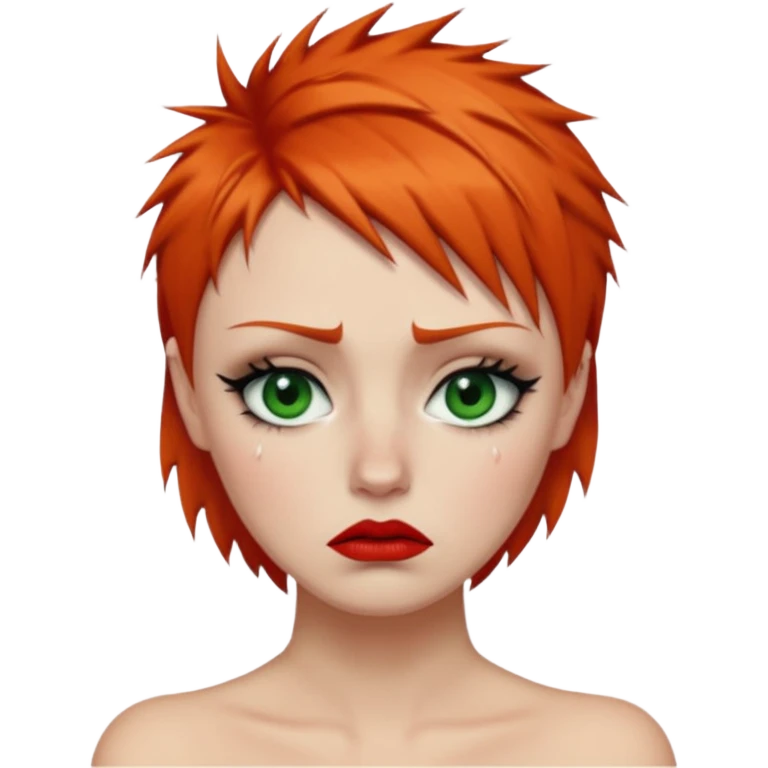 Short spikey Ginger hair, green eyes, black long eye lashes large red lips White woman lcrying emoji