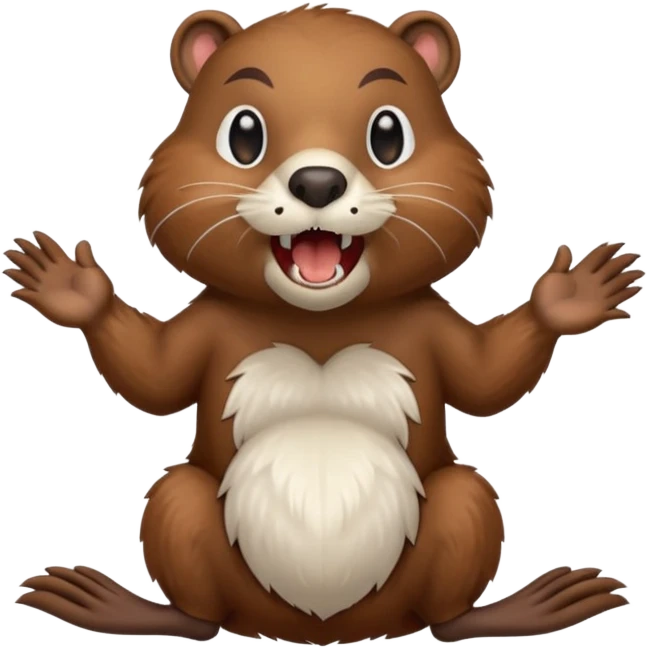  A crazy beaver is standing on its hind legs with its front paws stretched out in front of it. It has a brown fur coat with white fur around its eyes and nose. mouth is open, revealing sharp teeth.  emoji