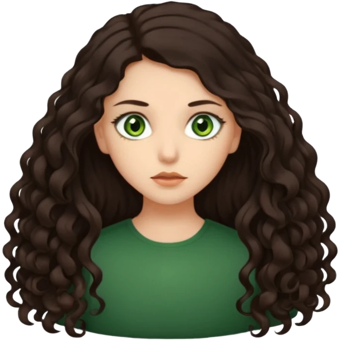 Two scornful girls, 1: long ironed straight darkbrown hair, green eyes, 2: long curly darkbrown hair, brown eyes emoji