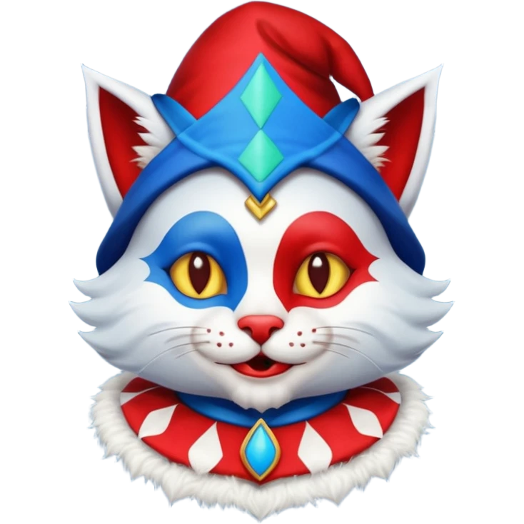crazy colorful cute little cat jolly joker from poker, medieval, vintage, court jester, mac os icon, blue and red color, half body emoji