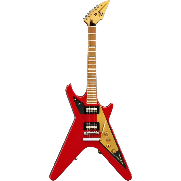 Create a bold and dynamic emoji representing the Epiphone Dave Mustaine Flying V Custom electric guitar. The design should feature the sharp, iconic V-shaped body of the guitar, with a custom finish reflecting Dave Mustaine’s signature style. Add intricate details like gold or chrome tuning pegs and pickups, with subtle graphics or patterns that reflect the aggressive, heavy metal aesthetic. Use a color palette of black, gold, and red, with a touch of metallic sheen for the high-end finish. The background should be transparent to emphasize the guitar's iconic shape emoji
