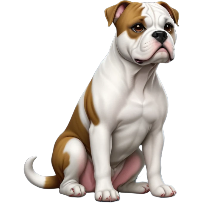 cinematic-[american bulldog]-realistic-full-body-sitting-emoji,-tail-resting-loosely-beside-its-paws,-head-tilted-dramatically,-sleek-[pied black]-fur,-simplified-yet-realistic-focused-features,-highly-detailed,-glowing-with-an-almost-sarcastic-glow emoji