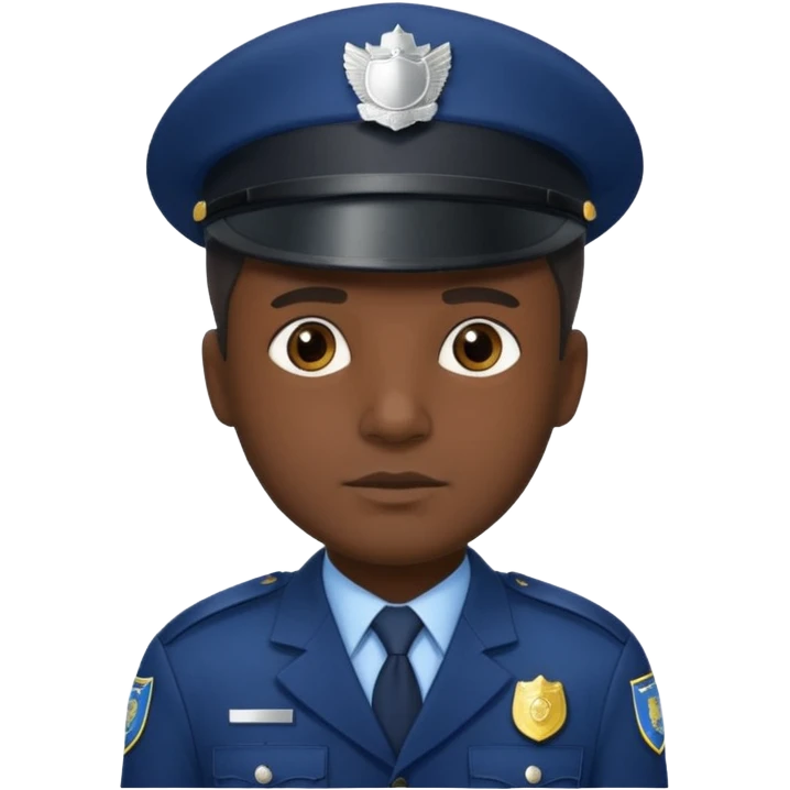 A dark-skinned man wearing a navy police hat with a silver badge, facing forward with a neutral expression. emoji