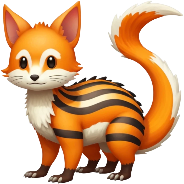lush warm-colored Fakémon-Trico-creature (full body) with white cheek markings, white-striped tail emoji