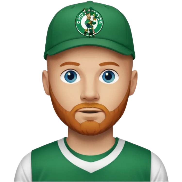 Bald white man with ginger beard and blue eyes in Boston Celtics jersey over tshirts with Boston Celtics logo on cap emoji