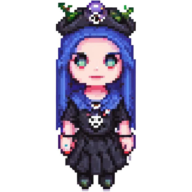 Remove the background while preserving the retro and vibrant pixel art style. Add goth accessories to the character. emoji