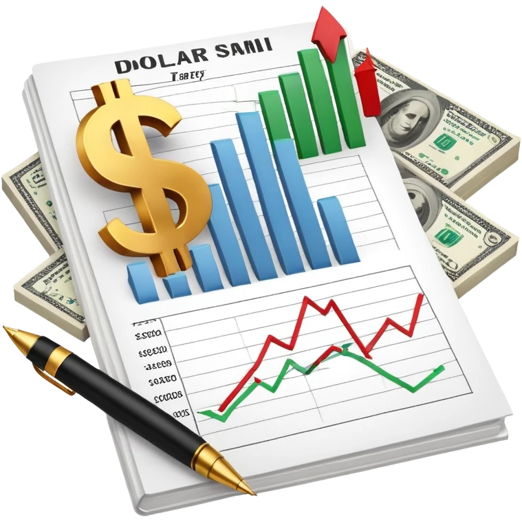 financial documents with charts, dollar sign, and pen emoji