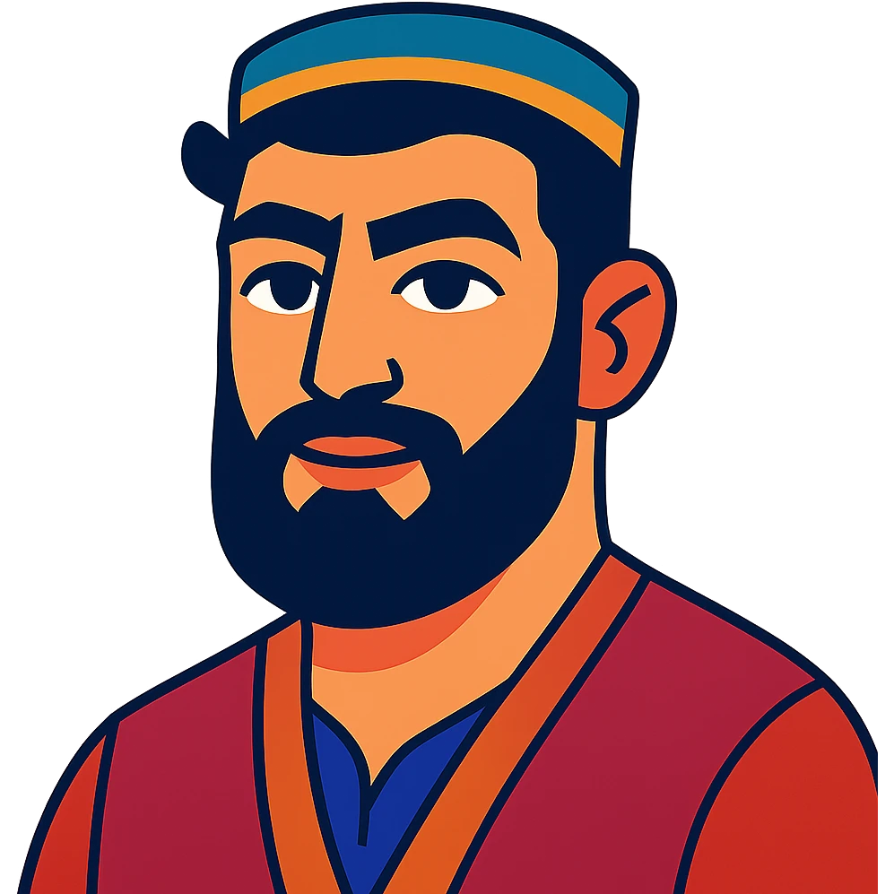 A Tajik man with masculine features, expressive eyes, thick eyebrows, dark hair, light-olive skin, and a larger, neatly kept beard emoji