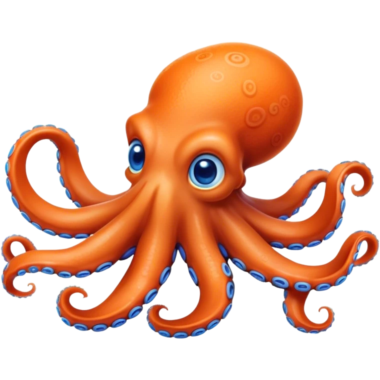 Cinematic Realistic Cute Octopus Portrait Emoji, Head tilted playfully and inquisitively, featuring a gracefully curving, compact body in vibrant orange adorned with delicate blue rings, and a charming, expressive face with round, sparkling eyes full of curious wonder; rendered with lifelike detail and soft natural highlights, high shine, affectionate and enchanting, styled with a touch of whimsical ocean magic, soft glowing outline, capturing the essence of a mischievous yet lovable octopus that seems poised to slither playfully into your arms! emoji
