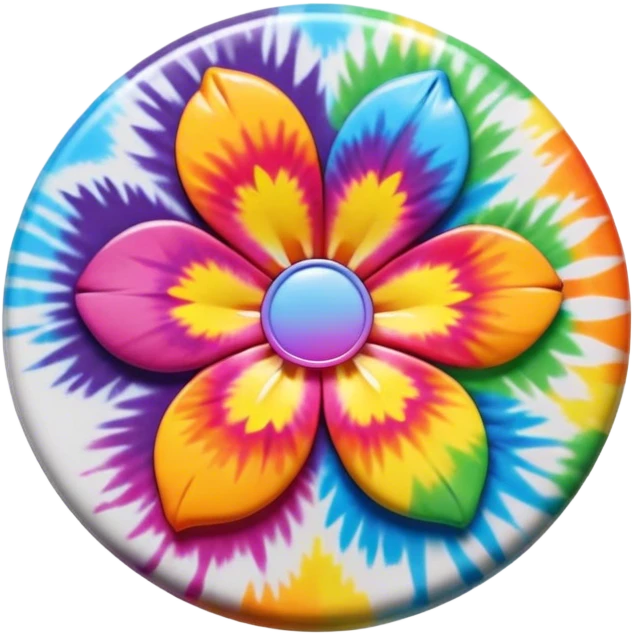 A round tie dye style colored button with a large rainbow colored flower in the center emoji