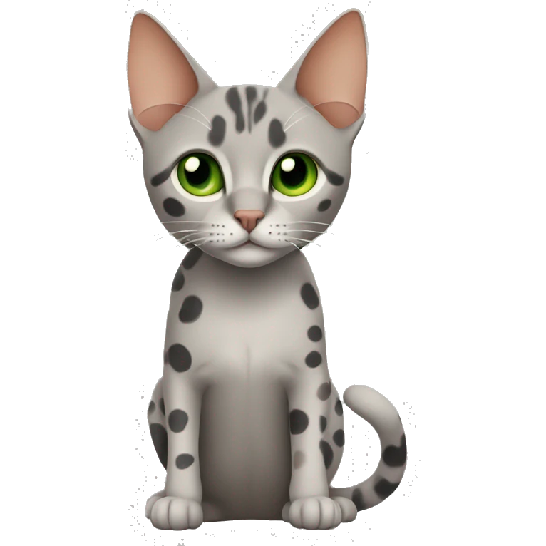 Short-haired oriental cat ,full body , grey coat with spots , green eyes , terracotta nuzzle emoji