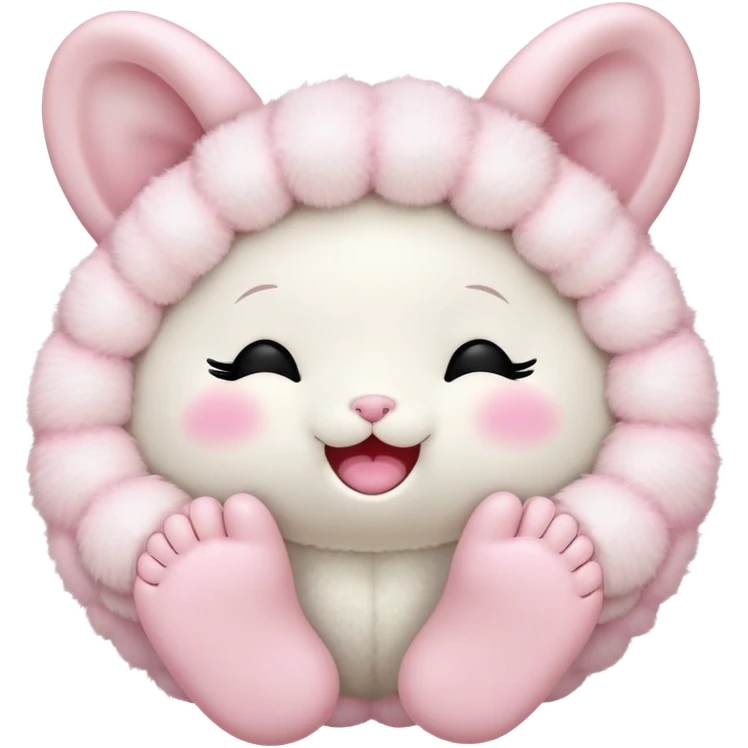 a fluffy toy with a light pink colored shell and ears and a white face and feet, with a cute black closed eyes and mouth emoji