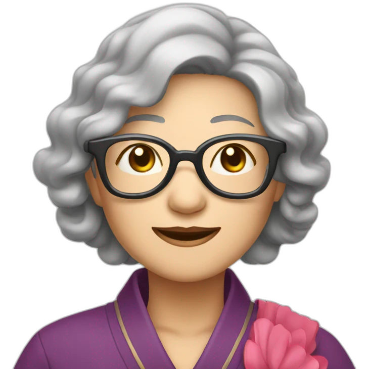 Chinese senior lady wear glasses has wavy long hair show love sign emoji