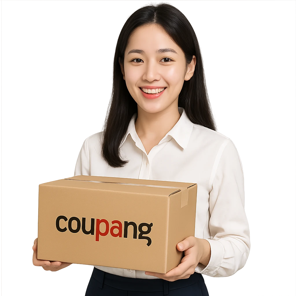 Korean style woman holding a Coupang delivery box, simple and clear depiction, bright expression emoji