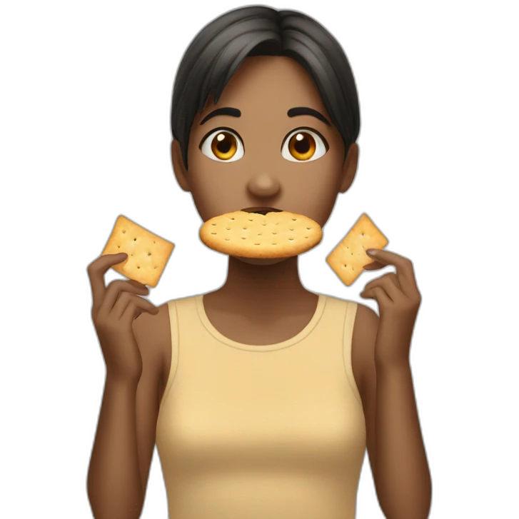 Girl with angru facing eating crackers emoji