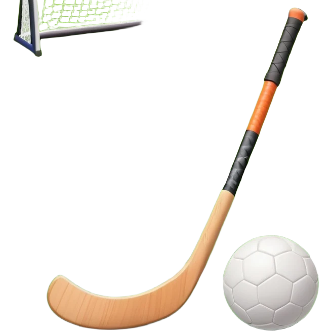 A field hockey stick and ball on a vibrant green grass field, with goalposts and clear field markings in the background. The scene emphasizes the bright, lush grass, highlighting the fast-paced and strategic nature of hockey on a well-maintained pitch. emoji