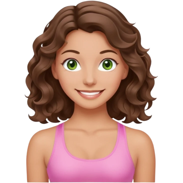 White, green-eyed, brunette cute feminine lady emoji with wavy hair doing pilates wearing pink pilates fit emoji