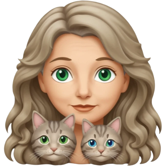 gray tabby cat cozy with beautiful 50 yr old woman long dark blonde wavy hair blue green eyes  emoji