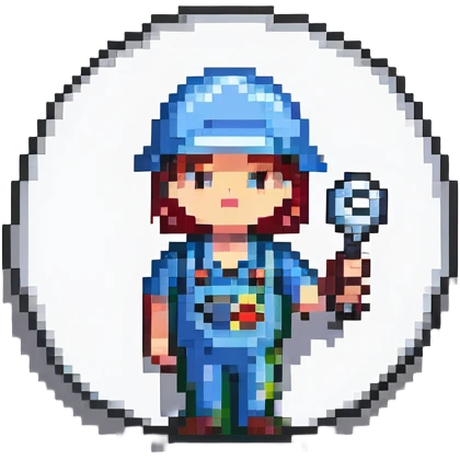 Oval badge shape with simple pixel art technician holding car tool key, bright colors emoji