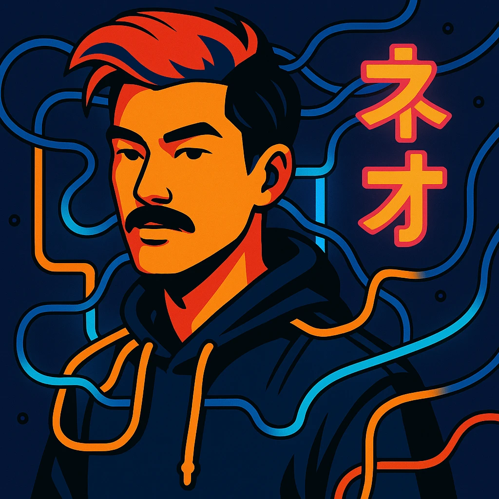 Add electric wires connecting to the body of the Asian man with black mustache, red hair, black hoodie, neon lights, Japanese cyberpunk anime style emoji