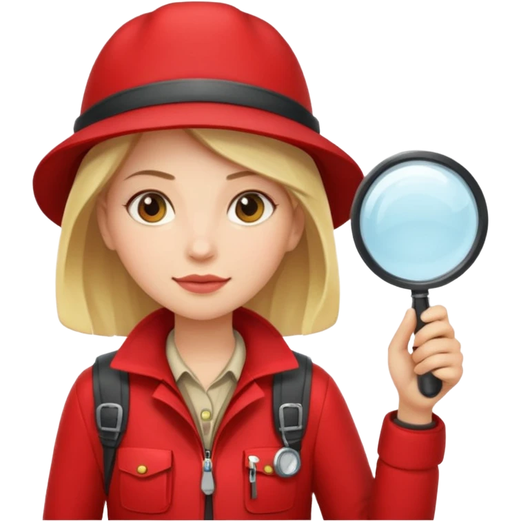 Explorer woman with red jacket backpack and magnifying glass emoji