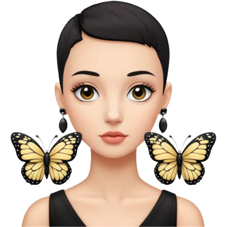 Lady with black buzz cut hair and lashes wearing 4 black earrings holding white butterfly emoji