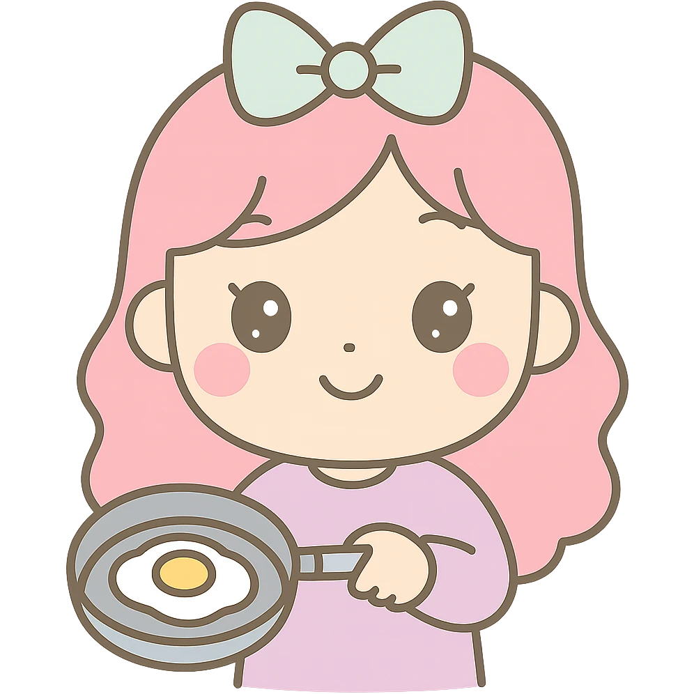 Edit the image of the girl to make her cook an egg on a pan. Keep the kawaii chibi anime style with flat pastel colors, thick outlines, and simple cute features. Ensure the background is transparent. emoji