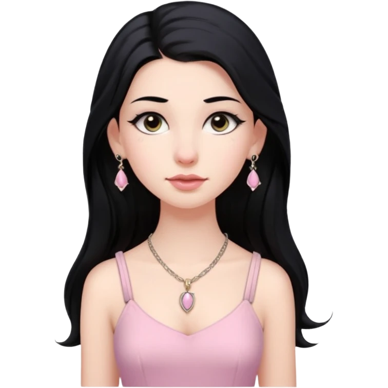 Menina branca ,cabelos longos cor preta , olhos cor preta puxados para cima. Cílios longos, lábios grossos ,nariz pequeno.vestido rosa claro de alça. Jovem de 16 anos .colar e brinco vivara emoji