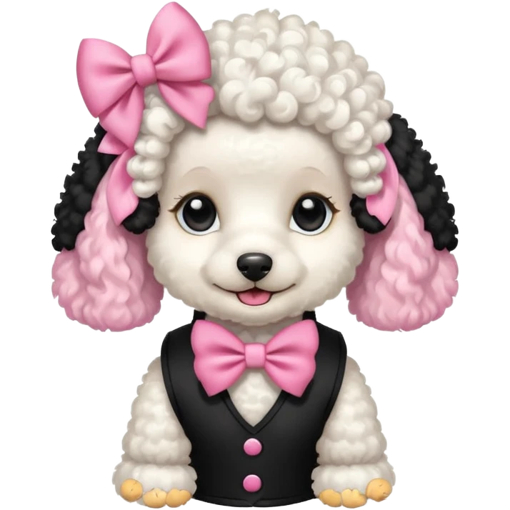 Caniche blanca con chaleco negro con un moño rosa emoji