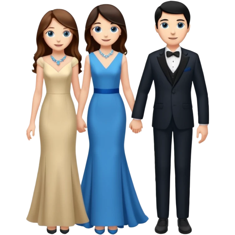 full-length happy couple, girl with long chestnut hair and blue eyes in formal gown, boy with black hair in suit emoji