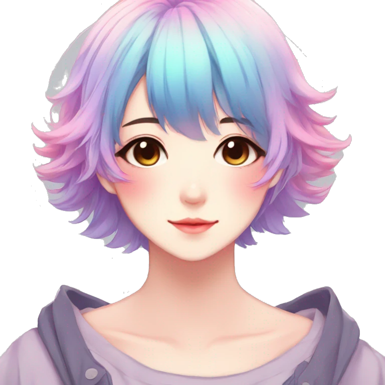 Gorgeous anime style shojo character with blushing face aesthetic and pretty colorful shiny gradient pastel hair trending style emoji