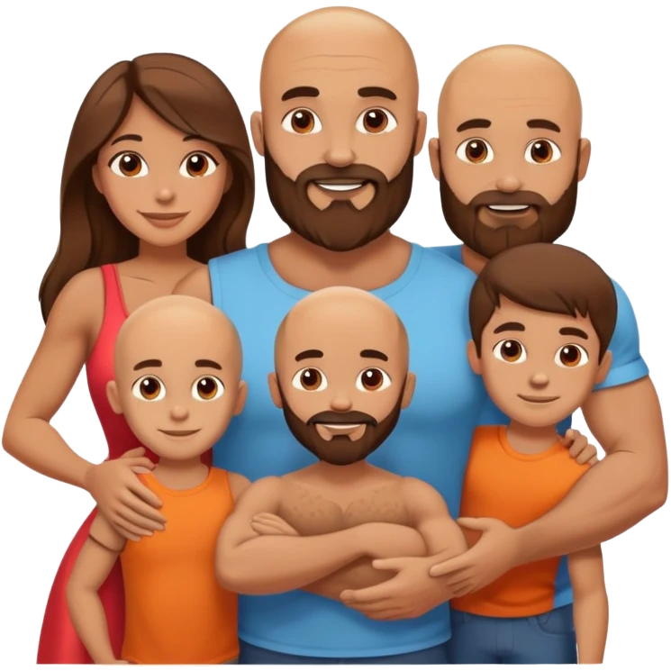 Happy Muscular Bald beard man and his hot wife with long brown hair and 3 sons emoji