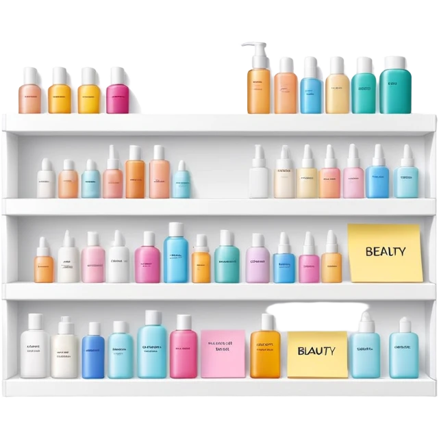 big long white shelf with one serum bottle labeled beauty brand and large sticky note next to it emoji