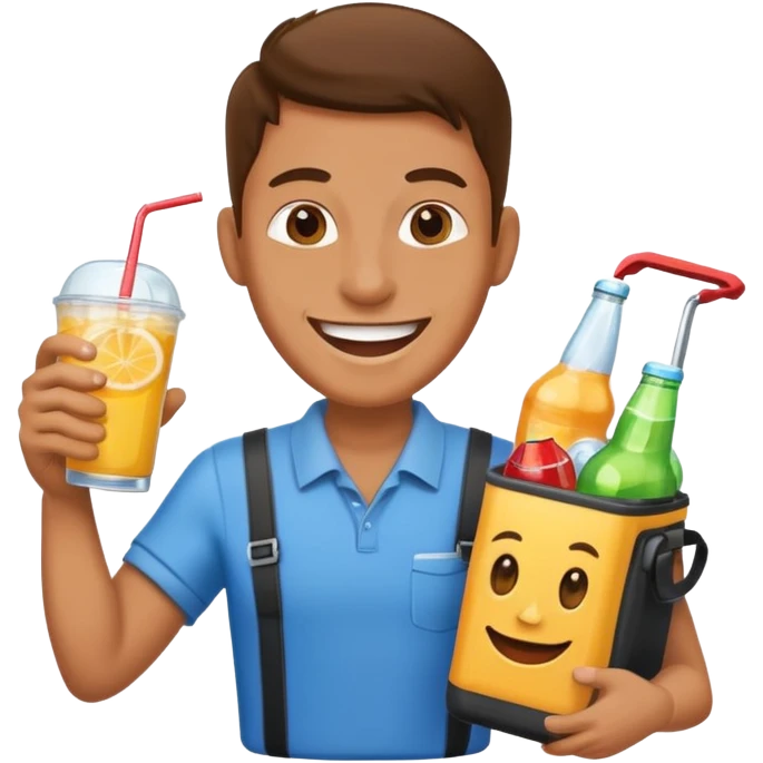 A vendor with a big beverage cooler, offering cold drinks with a wide grin emoji