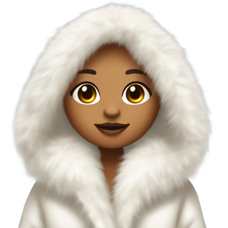 Tanned Girl with lashes ,  in an extremely big fluffy oversized white fur coat with hood on. The fur is real and it’s very obvious big and fluffy like in Pinterest  emoji