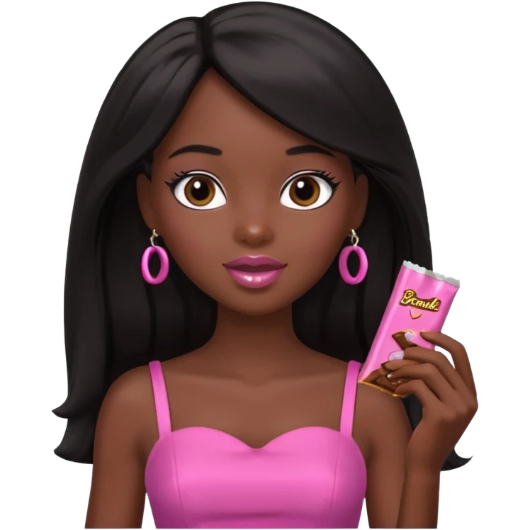 Black barbie, long black  hair, pink dress eating chocalate bar emoji