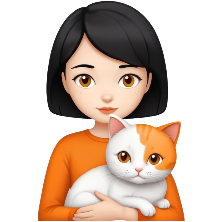 a girl with short black hair holding a white and orange cat emoji