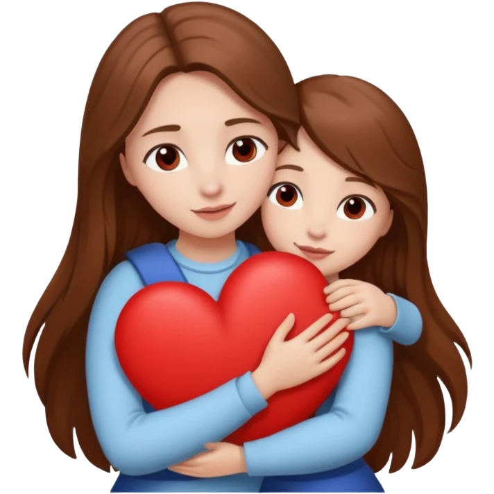 White bishon in hug with girl with long brown hair and red heart between them emoji