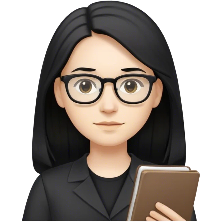 pale teacher with long black hair, wearing glasses and black shirt working emoji