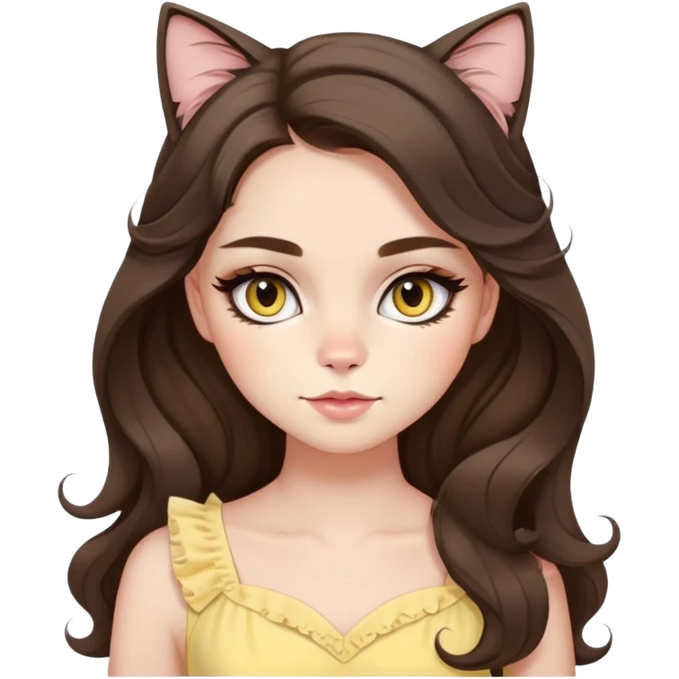 I have long wavy brunete hair, brown eyes and fair skin and little mole under my right eyes. Wearing peachy makeup and cat eyeliner and in pastel yellow dress emoji