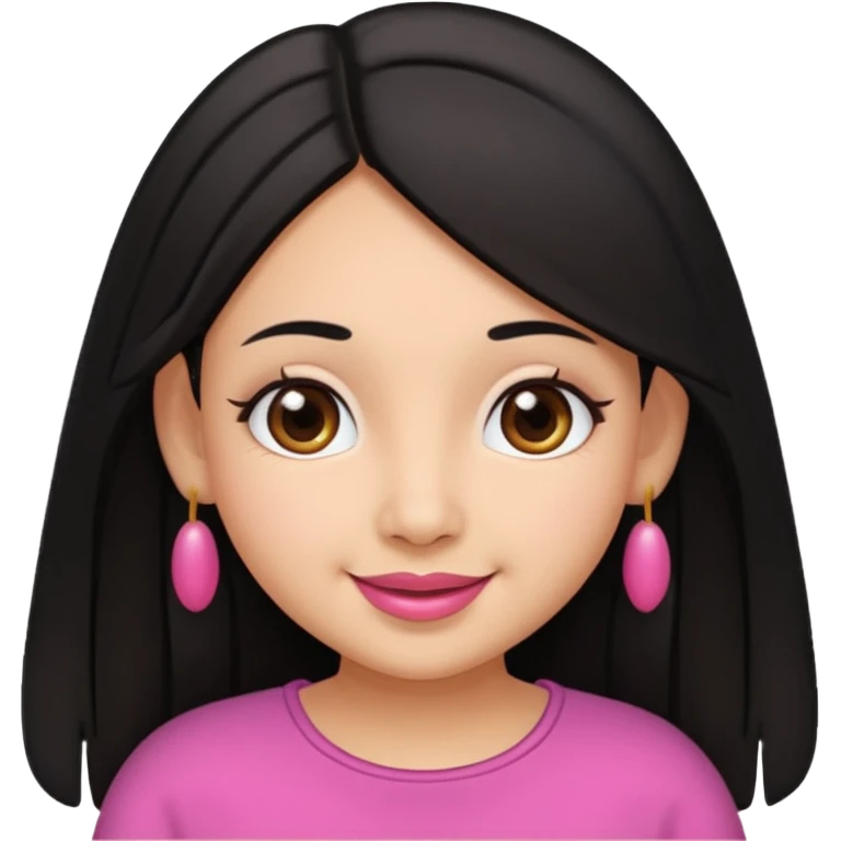 Gordita, ojos pequeños de color cafe oscuro, labios pequeños y rosados, piel trigueña, orejas pequeñas, cabello largo lazio y negro. emoji