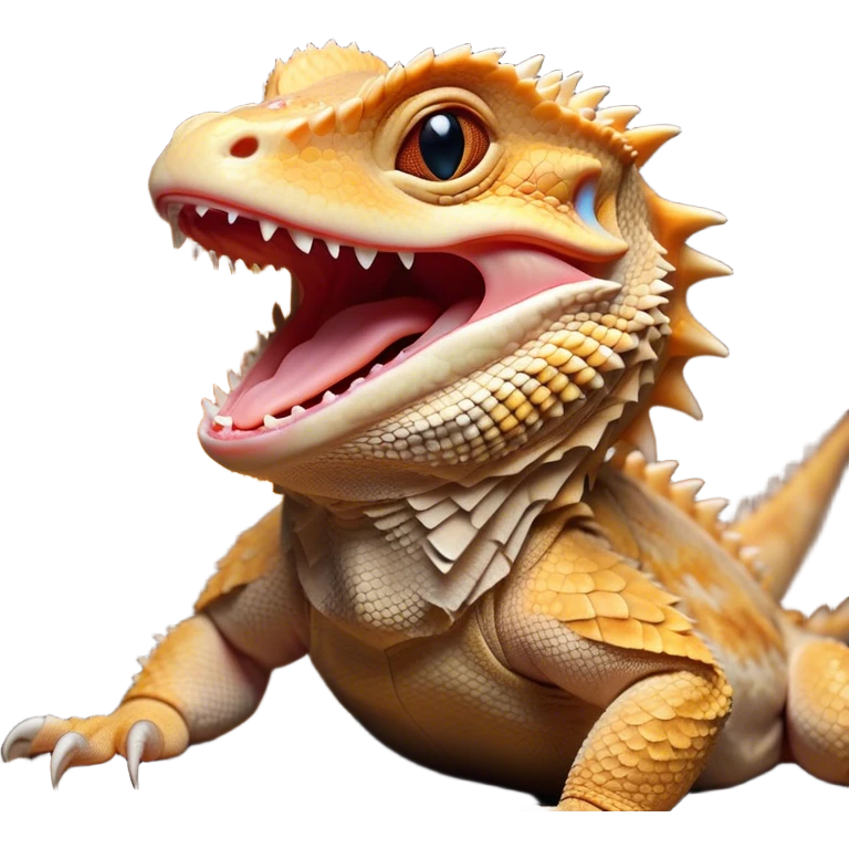 Cinematic Cute Yawning Bearded Dragon Portrait Emoji, Head tilted slightly with a dramatic, wide-open yawn, showcasing a soft, textured scaled hide with its spiky beard partially drooped and eyes barely open in drowsy contentment, Simplified yet irresistibly adorable features, highly detailed, glowing with a soft, cozy glow, high shine, relaxed yet expressive, stylized with a touch of reptilian whimsy, bright and endearing, soft glowing outline, capturing the essence of a sleepy yet affectionate dragon, so drowsy it feels like it could stretch out of the screen and curl up for a nap! emoji