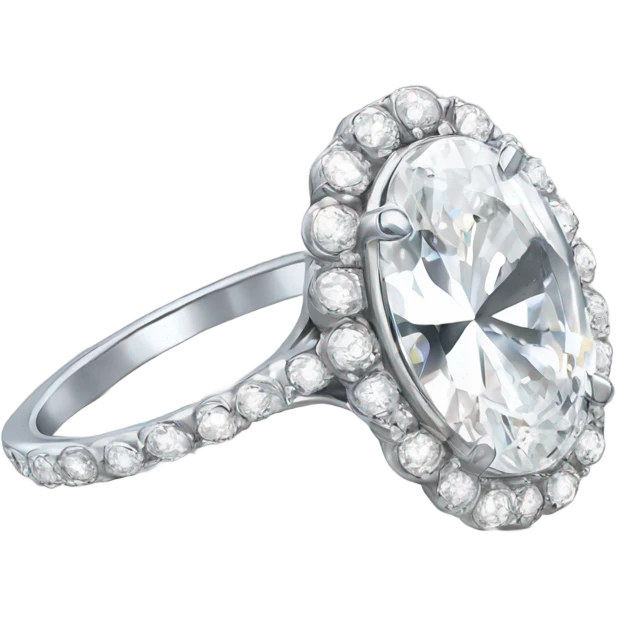 Silver engagement ring a huge large oval diamond surrounded by halo of smaller diamonds emoji