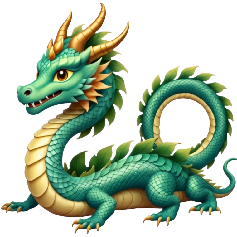  serpent dragon. Slim, serpentine body with smooth scales in soft blues and greens. Fluffy leaf plumes replace the tail fins, and a terracotta crown-like crest adorns its head. Gentle amber eyes. it should be similar to traditional chinese dragons. emoji