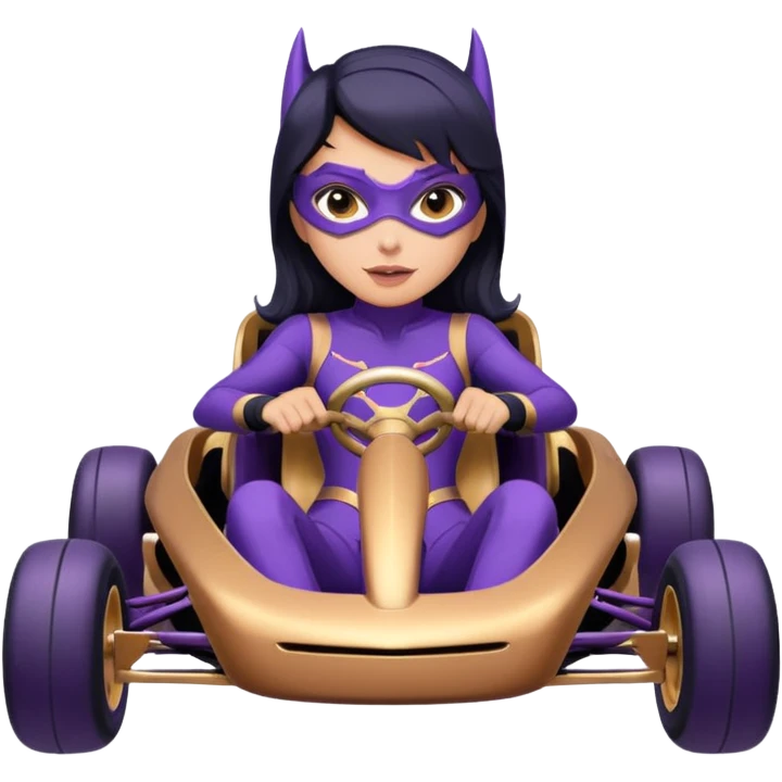 Hot full size real-appearance racing action BatGirl’s Lego feminine midnight-purple tight outfit sixty’s tv show 1992 stealthy retro sporty safe plush petite off-road pursuit hovering hover cruiser car rose gold accents (black hair,reclined and relaxed seating position) go kart  emoji