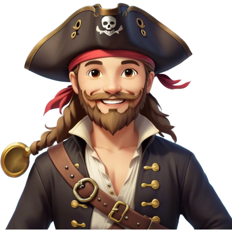 Clash of Clans aesthetic Cheerful Pirate Portrait Emoji, With a bright, confident smile and a relaxed yet adventurous posture, showcasing a stylized, rugged build with a classic pirate hat and a neatly groomed beard, his face in natural skin tone, Simplified yet expressive features, highly detailed, glowing with a soft, luminous maritime radiance, high shine, upbeat and daring, stylized with an air of classic swashbuckler allure, soft glowing outline, capturing the essence of a cheerful pirate ready to chart epic voyages! emoji