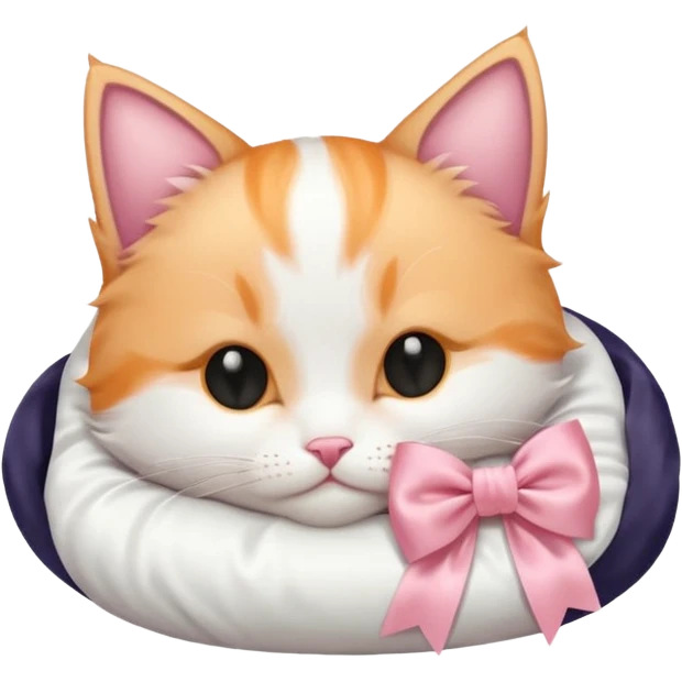 light orange and white kitten with a satin pink bow sleeping on a satin white cat  ed emoji